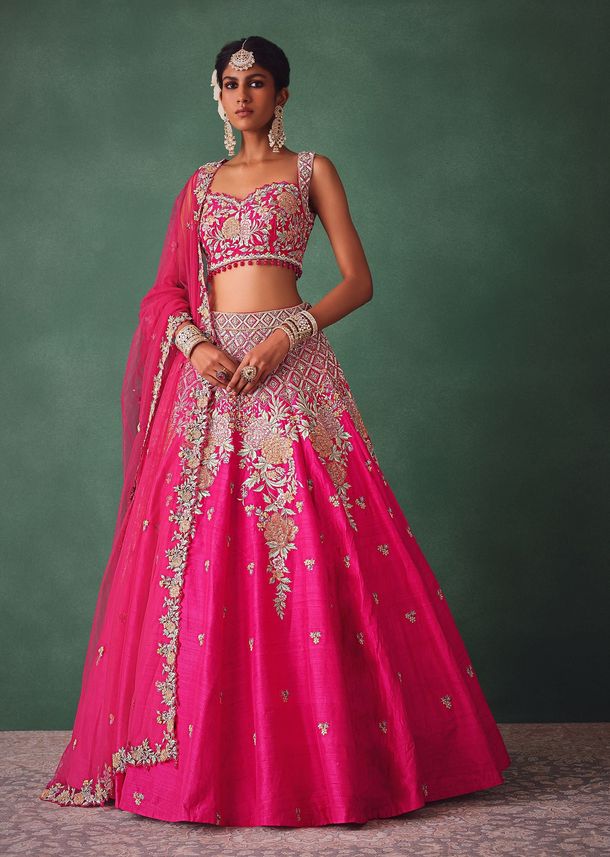 Fuschia Pink Raw Silk Multi Colour Threadwork Lehenga Dupatta With Embroidered Blouse