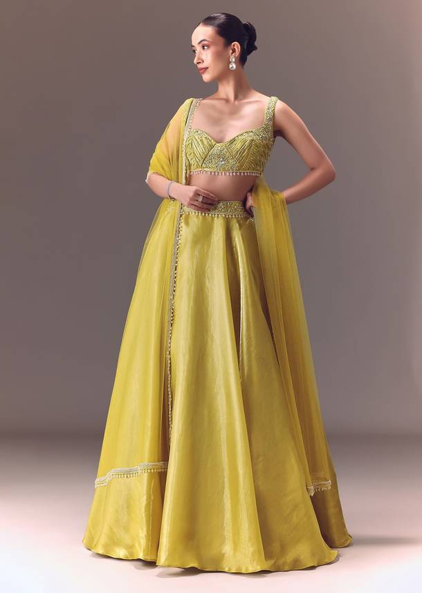 Yellow Organza Double Circular Lehenga Set With Hand Work