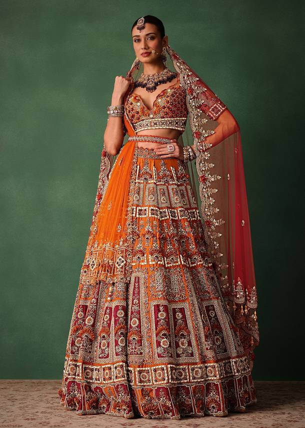 Rust Red Hand Work Bridal Lehenga With Deep Neckline Blouse And Dupatta