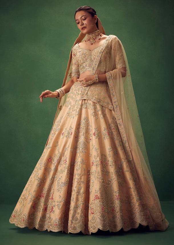 Peach Hand Embroidered Sequin And Zari Work Lehenga Set