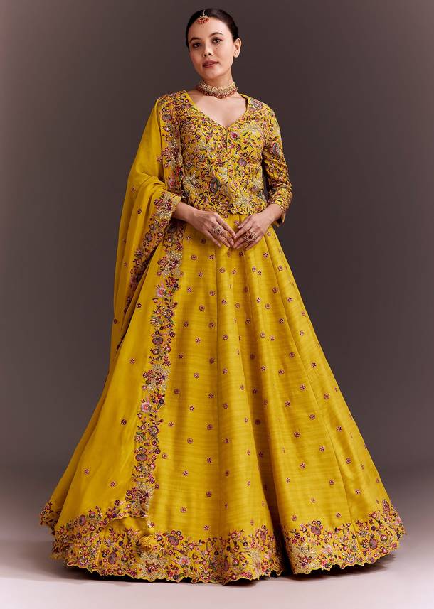 Yellow Embroidered Lehenga Set With Short Kurta And Dupatta