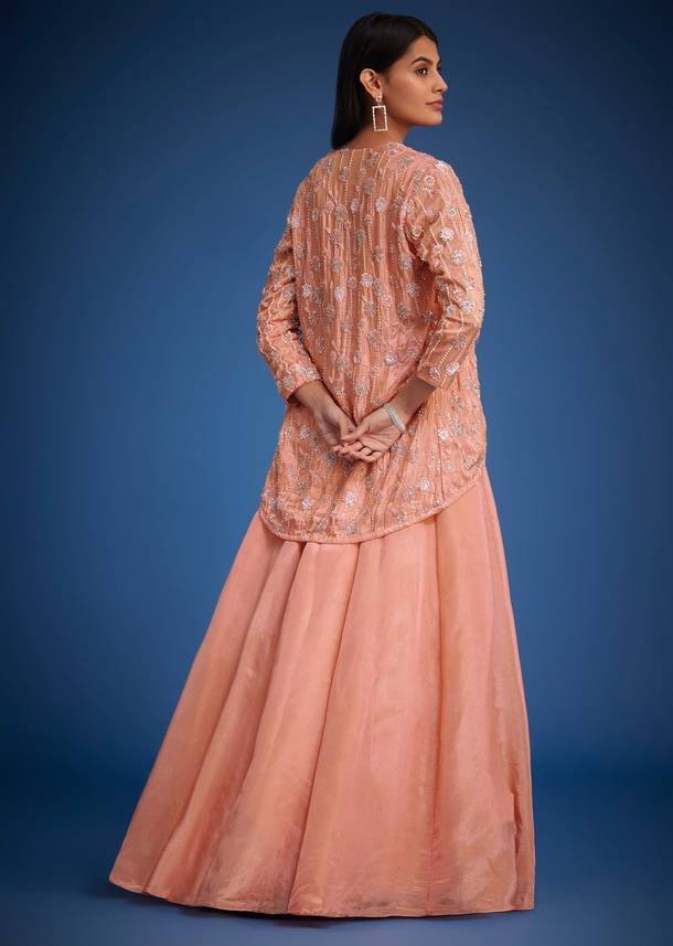 Peach Raw Silk Embroidered Jacket Lehenga Set