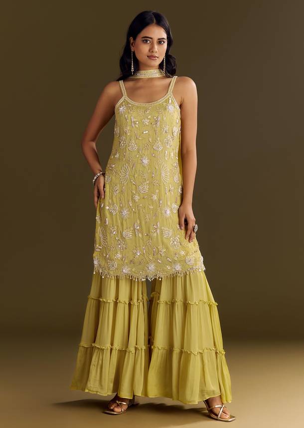 Light Yellow Chinon Embroidered Kurta Sharara With Choker Style Dupatta