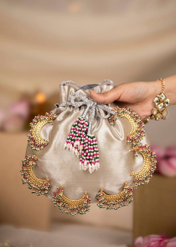 Silver and Gold Potli Bag with Crescent Motif