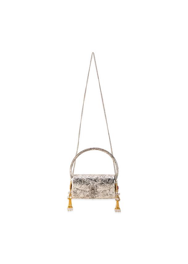 Silver Floral Embossed Textured Metal Bag