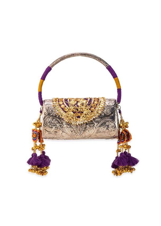 Silver Floral Etched Textured Metal Bag