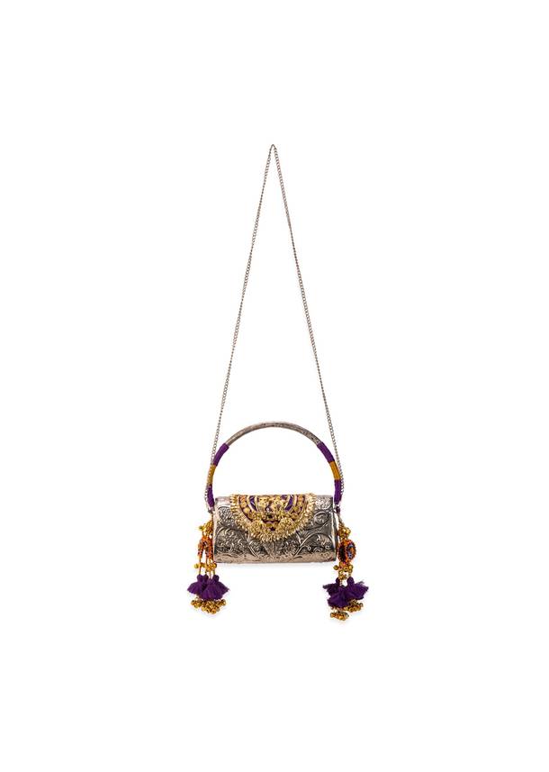 Silver Floral Etched Textured Metal Bag