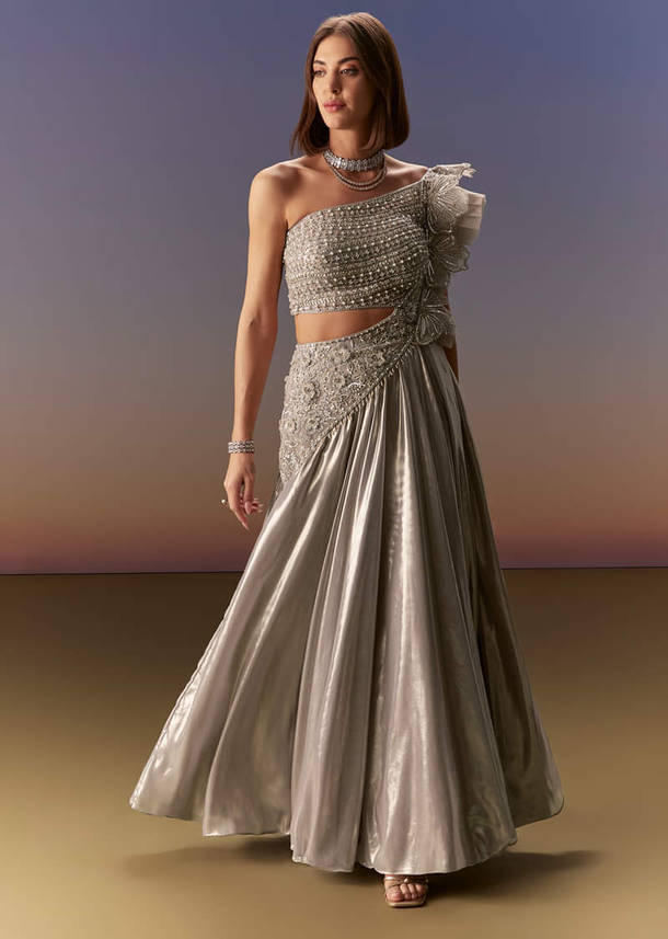 Silver One Shoulder Gown With Intricate Cut Dana Embroidery