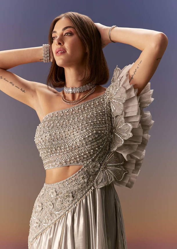 Silver One Shoulder Gown With Intricate Cut Dana Embroidery