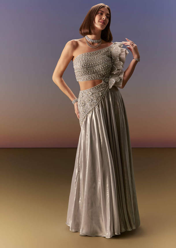Silver One Shoulder Gown With Intricate Cut Dana Embroidery