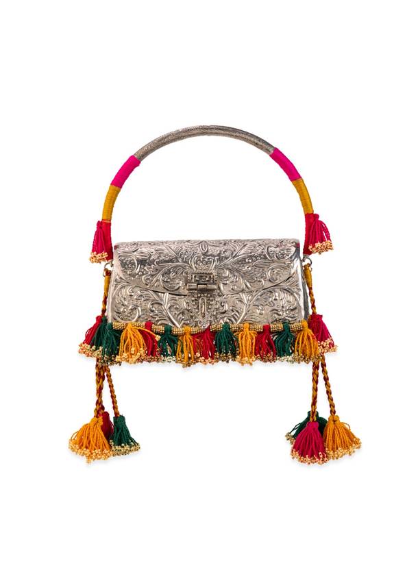 Silver Textured Bag with Multi Tassels
