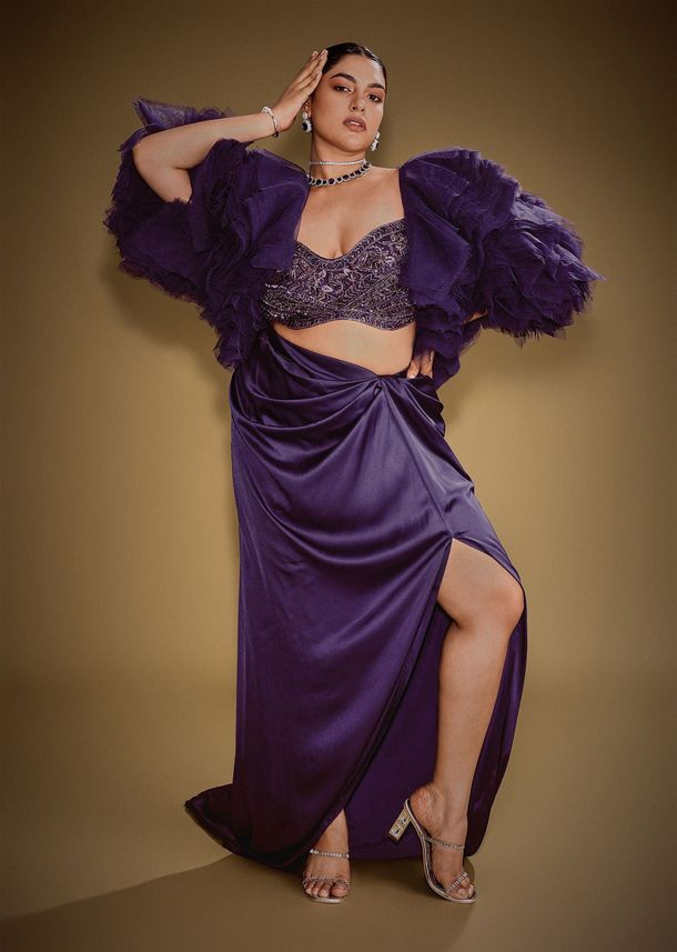Violet Drape Skirt Set With Sleeveless Blouse And Ruffle Jacket