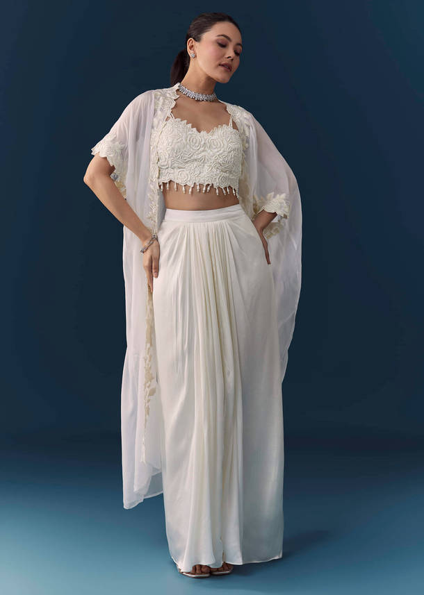White Crop Top Draed Skirt Set with Cape