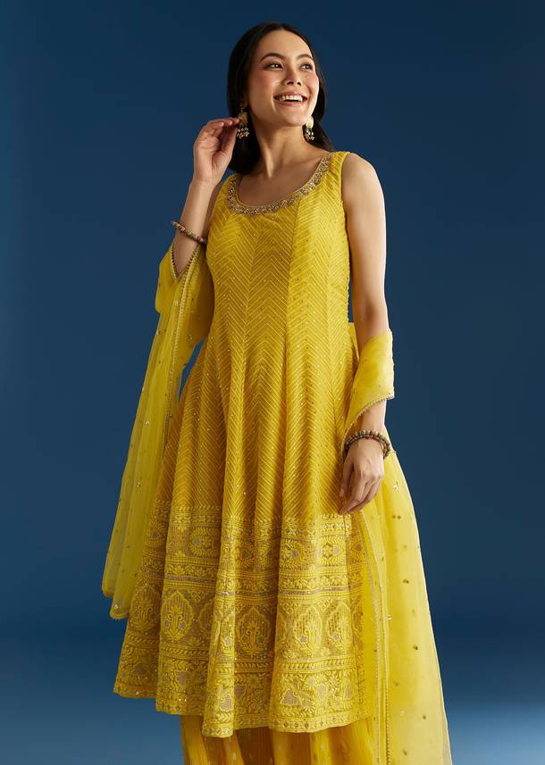Yellow A Line Georgette Kurta Palazzo Suit