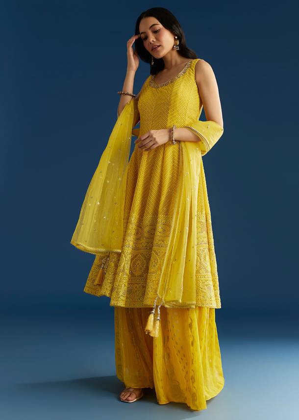 Yellow A Line Georgette Kurta Palazzo Suit
