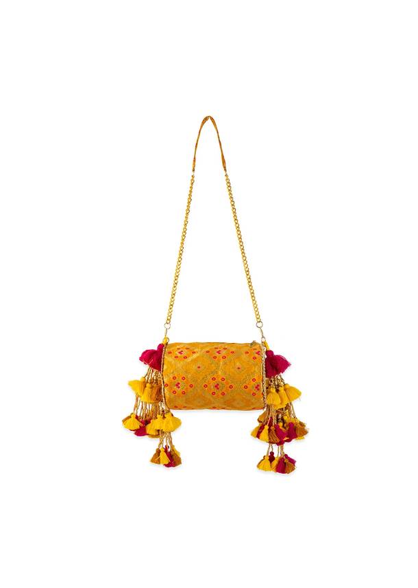 Yellow Brocade Zari Work Kundan Bag with Tassel