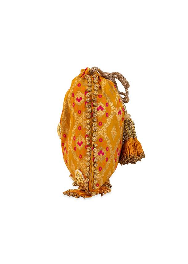 Yellow Mirror Embellished Silk Potli Bag