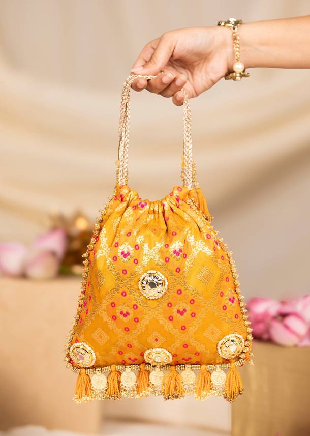 Yellow Mirror Embellished Silk Potli Bag