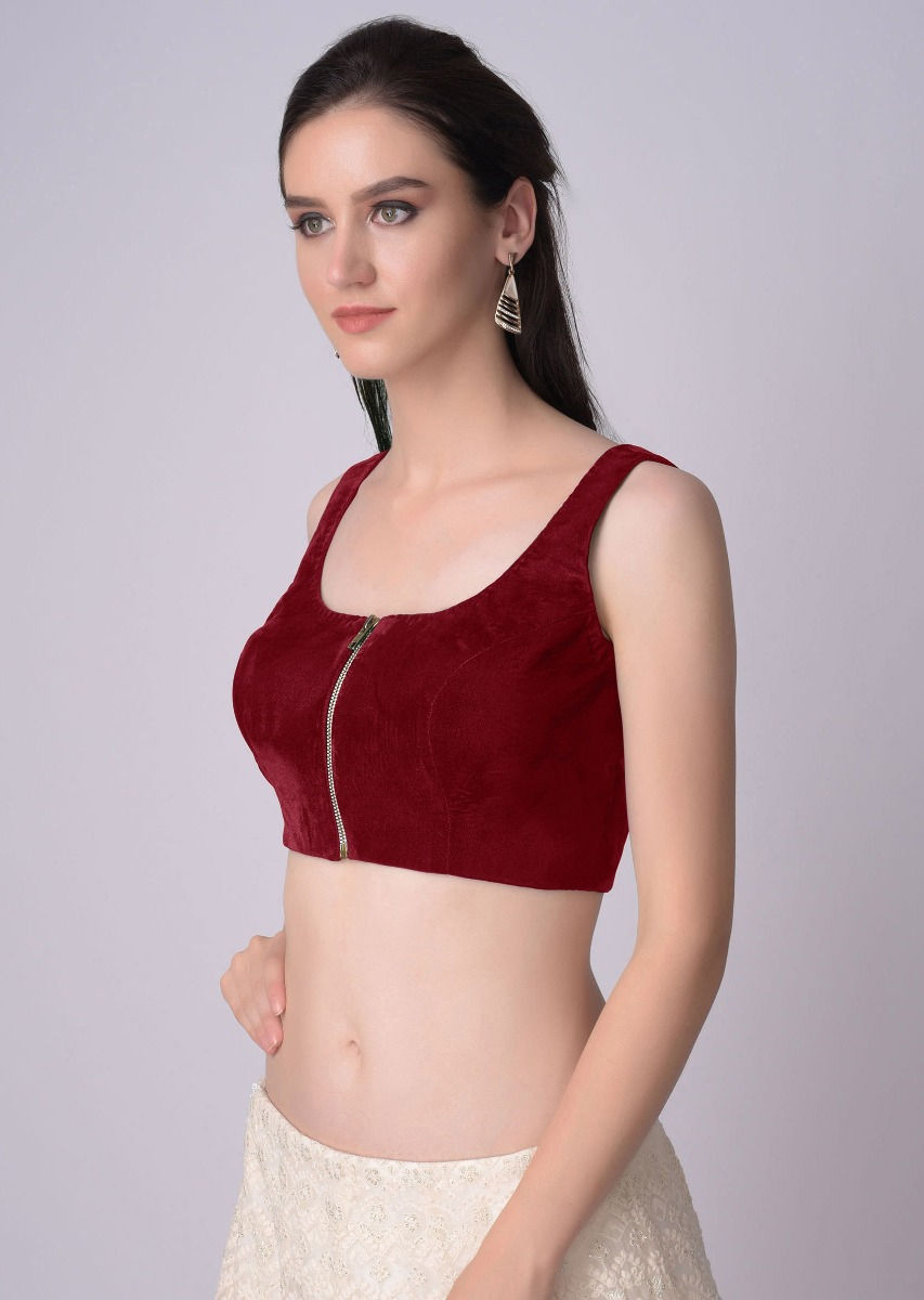 Buy Red Blouse In Velvet With Front Zip Opening| KALKI