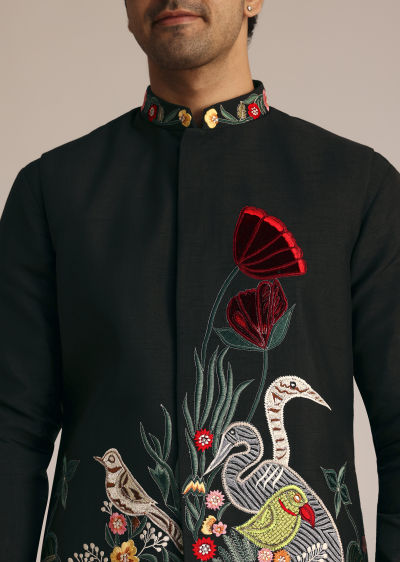 Black Silk Jacket Set With Resham Embroidery