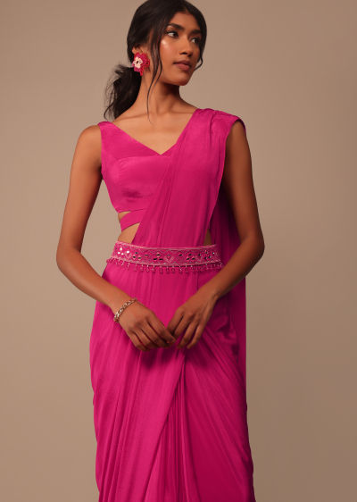 Hot Pink Readymade Saree With Embroidered Belt