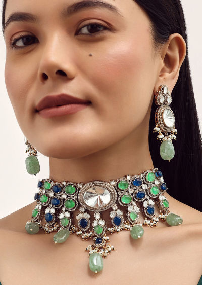 Buy Silver Finish Short Necklace Set In Mix Metal