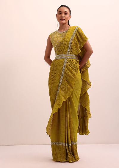 Mustard Yellow Georgette Pre Stitched Frill Saree With Embellished Blouse