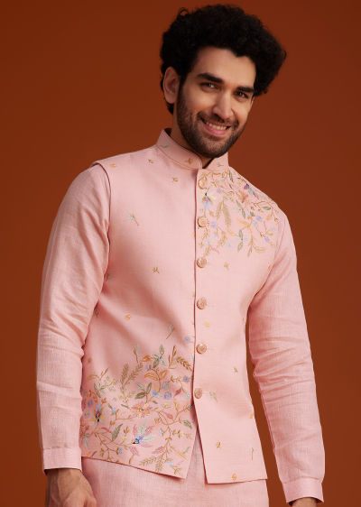 Pink Embroidered Kurta Jacket Set