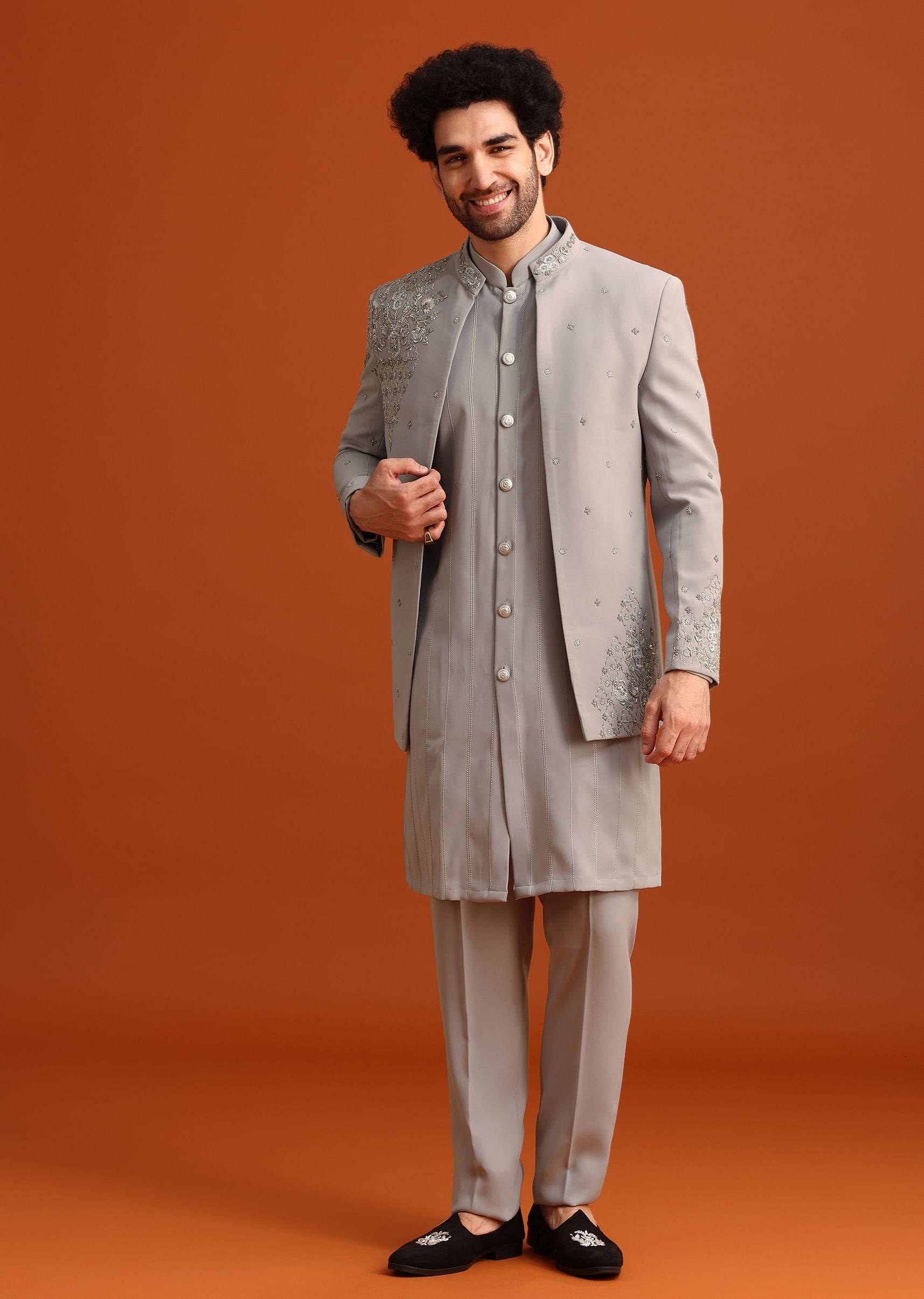 Grey Indo Western Dress Mens Images Buy Grey Indo Western Jacket And Kurta Set| KALKI Fashion India