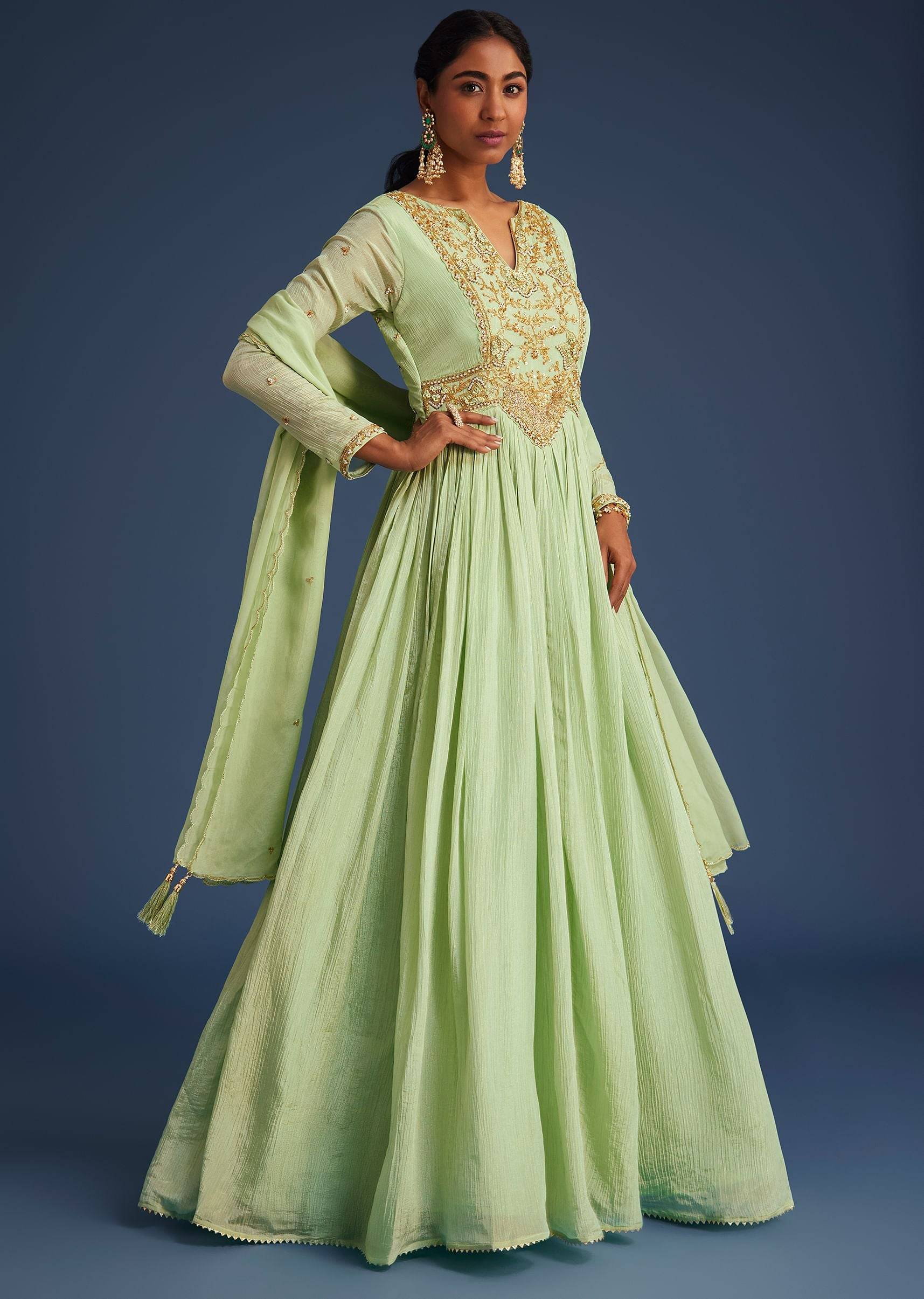 Mint Green Tissue Embroidered Anarkali With Dupatta| KALKI Fashion India