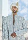 Powder Blue Self Embroidered Groom Sherwani
