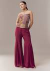 Wine Corset Crop Top And Pants Set With Thread And Sequins Work