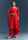 Bright Orange Silk Kurta Set With Zari And Gota Work