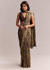 Dark Beige Linen Printed Saree With Authentic Floral Ajrakh Print