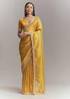 Mustard Yellow Tissue Embroidered Saree With Heavy Hand Embroidery
