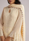 Off White Beaded Short Kurti Pant Set With Dupatta