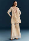 Off White Chinon Indo Western Top And Sharara Set With Zardosi Work
