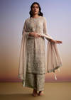 Peach Organza Palazzo Suit With Zari And Moti Work
