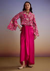 Pink Silk Crop Top And Drape Skirt With Resham Work