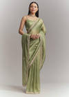 Pista Green Tissue Embroidered Saree With Heavy Hand Embroidery