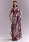Purple Satin Saree With Ikat Print And Nature Motifs