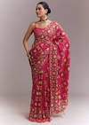 Rani Pink Satin Saree With Handwoven Ikat Print And Mirror Work