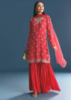 Red Chinon Kurta Sharara Suit With Moti And Cutdana Work