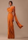 Rust Orange Pre Drape Saree With Fancy Ruffle Blouse And Embroidered Belt