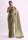 Green Satin Tissue Saree With Sequin Scallop Work And Unstitched Blouse Fabric