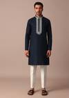 Navy Blue Kurta In Linen With Embroidered Yoke