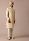 Magnificent Beige Silk Lucknowi Sherwani Set