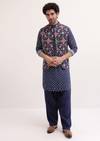 Ink Blue Patola Printed Kurta Jacket Set For Men