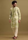 Green Printed Silk Kurta Set For Men