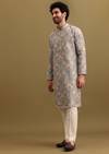 Grey Printed Silk Zipper Kurta Set For Men